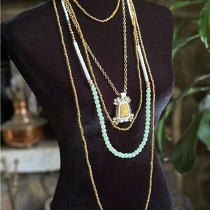 Layered Gold and Green Beaded Bohemian Necklace set